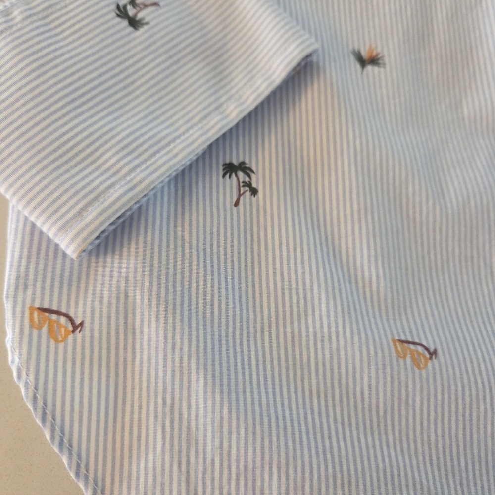 Palm Tree and Sunglasses Slim Fit Cotton Stretch Blue Pinstripe Shirt